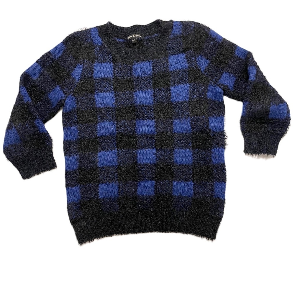 Cable & Gauge Fuzzy Eyelash Knit Buffalo Check Sweater Blue Black Size Small